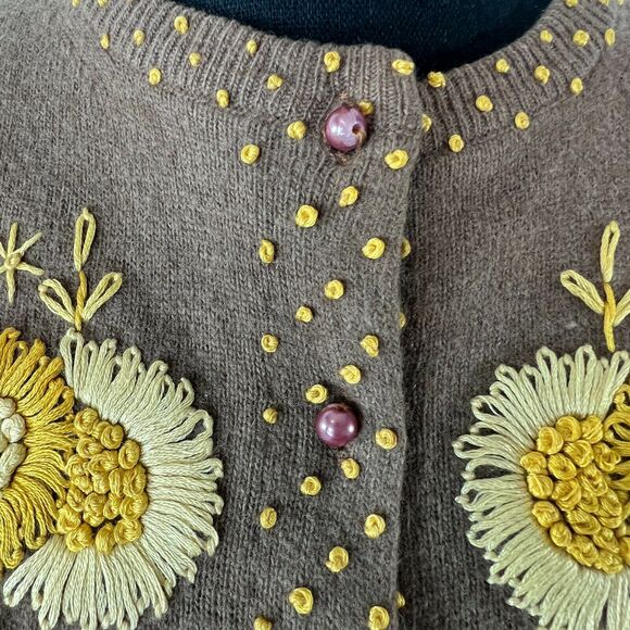 Vintage Knit Cardigan Dark Brown Wool Blend Hand Embroidered‎ Yellow Flowers S/M - Picture 10 of 12